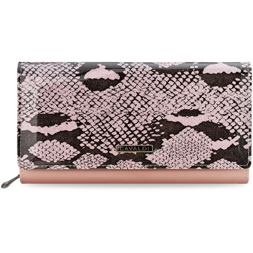 Skórzany portfel damski cavaldi portmonetka z lakierowaną brokatową klapką i wężowym wzorem - różowy  Cavaldi  world-style.pl