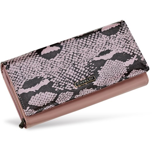 Skórzany portfel damski cavaldi portmonetka z lakierowaną brokatową klapką i wężowym wzorem - różowy Cavaldi   world-style.pl