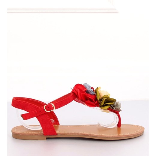 Sandały damskie Butymodne czerwone z zamszu w kwiaty z klamrą 