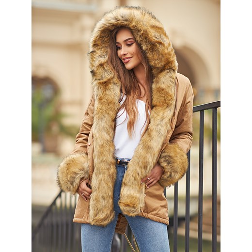 Ciepła zimowa camelowa kurtka z atrakcyjnym kożuszkiem HK25CAH Escoli  M promocja  