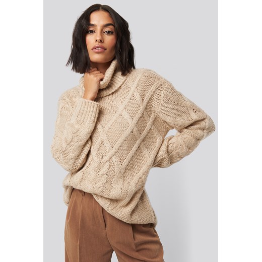 NA-KD Cable Knitted High Neck Sweater - Beige  NA-KD XXL 