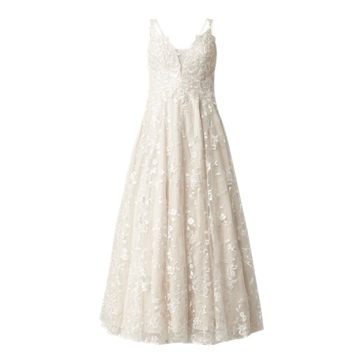 Sukienka biała Luxuar trapezowa z dekoltem v elegancka maxi na ramiączkach 