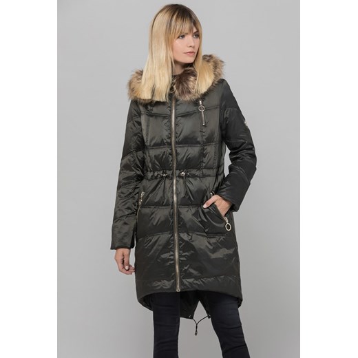 Puchowy płaszcz z eko futerkiem z ozdobnymi suwakami  Monnari 42 promocyjna cena E-Monnari 