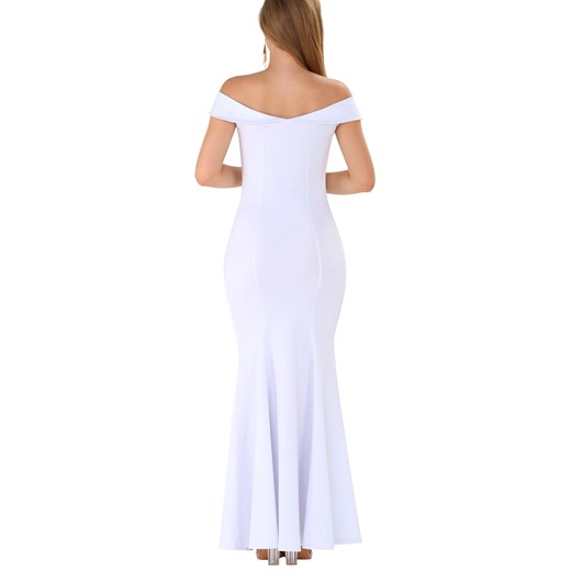 Sukienka Elegrina biała z dekoltem typu hiszpanka z odkrytymi ramionami z krótkim rękawem 