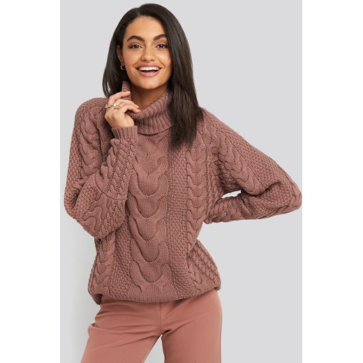 NA-KD Trend High Neck Cable Knitted Ribbed Sleeve Sweater - Pink NA-KD Trend  XXL NA-KD