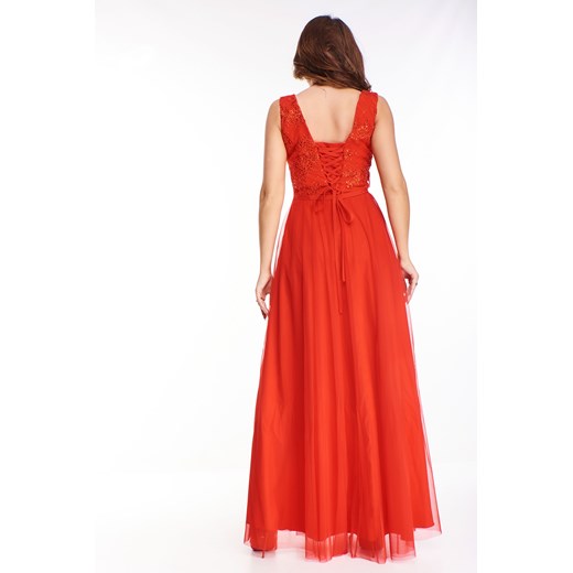Sukienka Ptakmoda.com czerwona z tiulu na bal maxi bez rękawów rozkloszowana 