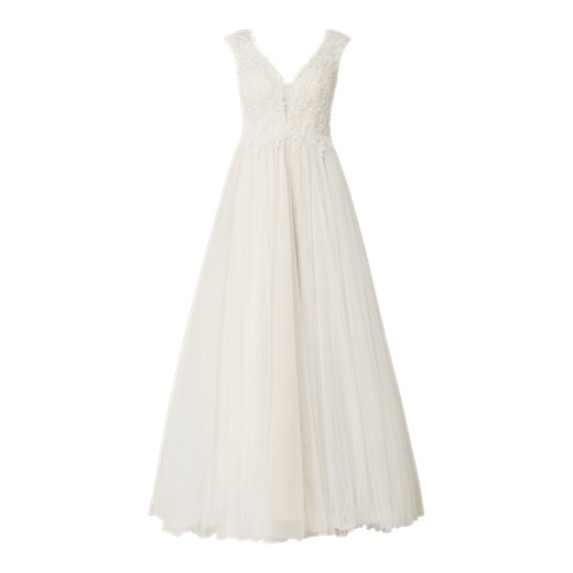 Biała sukienka Luxuar koronkowa elegancka bez rękawów z dekoltem v trapezowa 