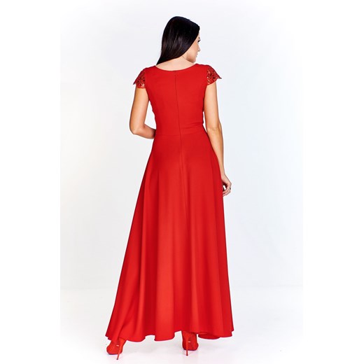 Sukienka maxi z gipiurową górą z cekinami i luźnym dołem z rozcięciem  czerwony   38 TAGLESS