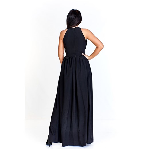 Wieczorowa sukienka maxi z koronkową górą urozmaiconą siateczkową siatką na dekolcie  czarny   L TAGLESS