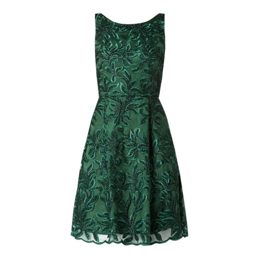 Sukienka zielona Swing z haftem na sylwestra rozkloszowana satynowa bez rękawów 