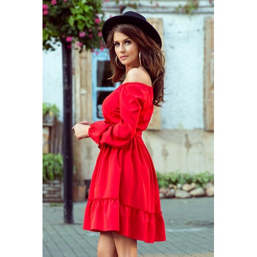 Sukienka Numoco czerwona z długim rękawem z odkrytymi ramionami z dekoltem typu hiszpanka na randkę mini 