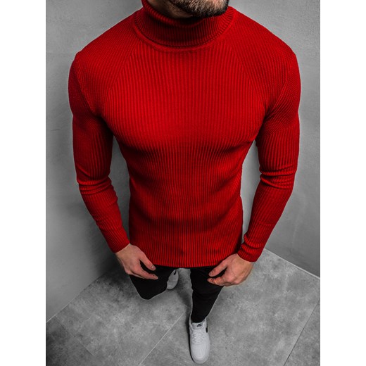Sweter męski czerwony Ozonee gładki na zimę 