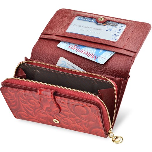 Skórzana damska portmonetka rovicky lakierowany portfel z secesyjnym opalizującym wzorem w eleganckim pudełku - czerwony  Rovicky  world-style.pl