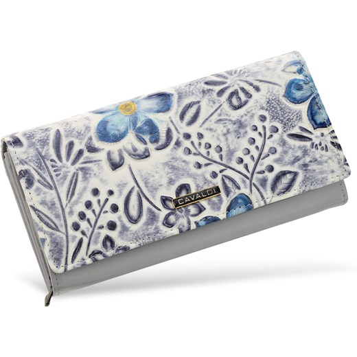 Wyjątkowy portfel damski cavaldi unikatowa portmonetka z fantazyjnym błękitnym wzorem w kwiaty - szary  Cavaldi  world-style.pl