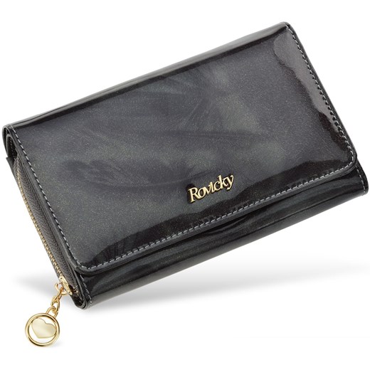 Elegancki skórzany portfel damski rovicky lakierowana opalizująca portmonetka rfid pudełko - czarny  Rovicky  world-style.pl