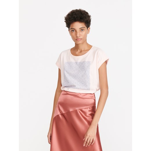 Różowa bluzka damska Reserved z krótkim rękawem z okrągłym dekoltem 