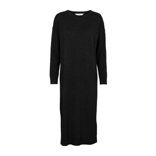 Sukienka Basic Apparel gładka wełniana z okrągłym dekoltem czarna z długim rękawem