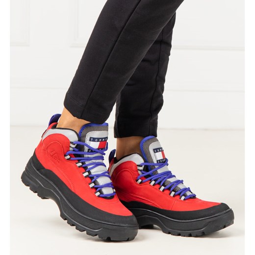 Buty trekkingowe damskie Tommy Jeans na płaskiej podeszwie czerwone bez wzorów wiązane 