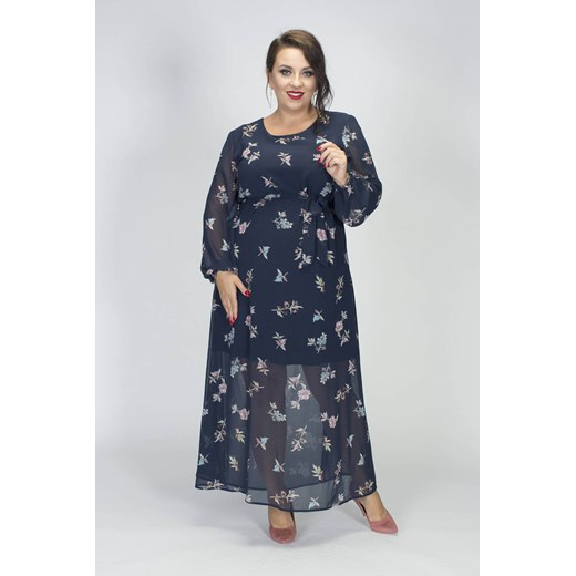 Sukienka szyfonowa IDALIA long trapezowa z paseczkiem granatowa w kwiaty Grandio plus size karko.pl