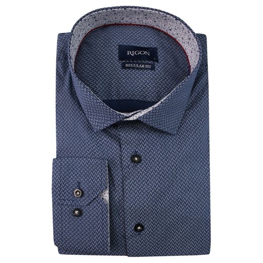 Koszula męska granatowa Rigon elegancka w abstrakcyjnym wzorze z długimi rękawami z włoskim kołnierzykiem 
