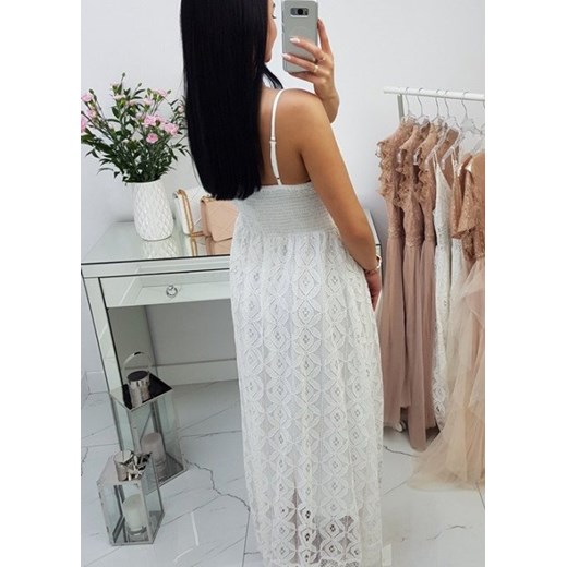 Koronkowa sukienka w tłoczone kwiaty biała   M/L butiklalala okazyjna cena 