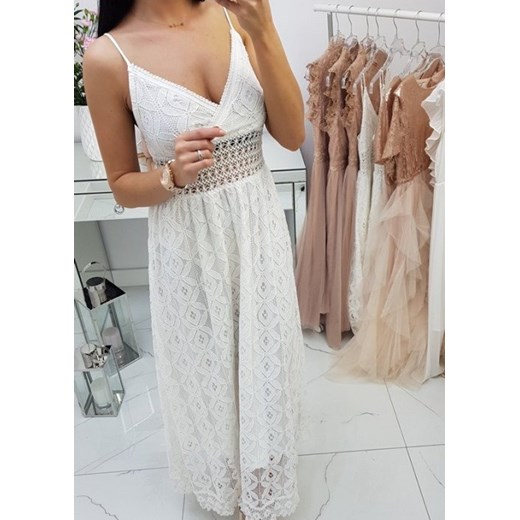 Koronkowa sukienka w tłoczone kwiaty biała   M/L butiklalala okazja 