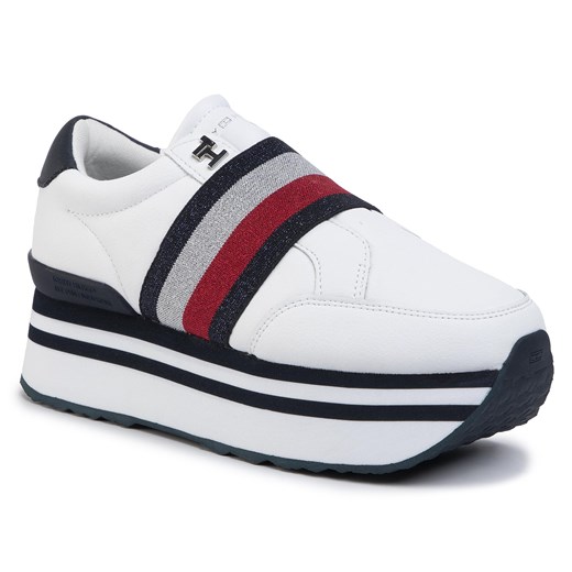 Sneakersy TOMMY HILFIGER - Elastic Slip On Fatform Sneaker FW0FW04603 White YBS