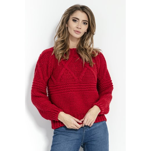 Sweter damski Fobya z okrągłym dekoltem czerwony zimowy 