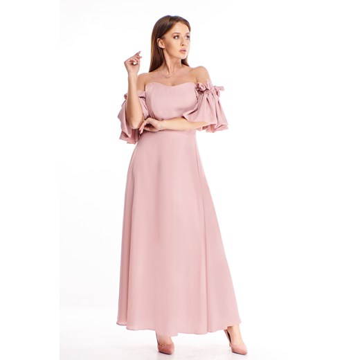 Sukienka różowa maxi z odkrytymi ramionami 