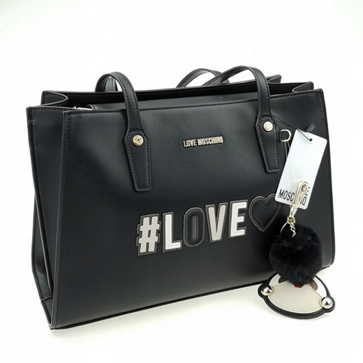 Shopper bag czarna Love Moschino z pomponami ze skóry elegancka duża 