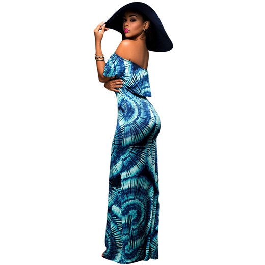 Sukienka Elegrina casualowa niebieska maxi na plażę w abstrakcyjnym wzorze z krótkim rękawem 