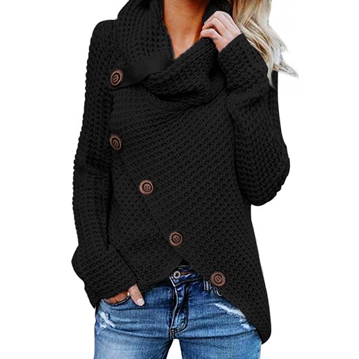 Elegrina sweter damski casual czarny z marszczonym dekoltem 