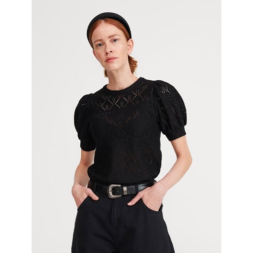 Czarna bluzka damska Reserved z krótkimi rękawami z okrągłym dekoltem 