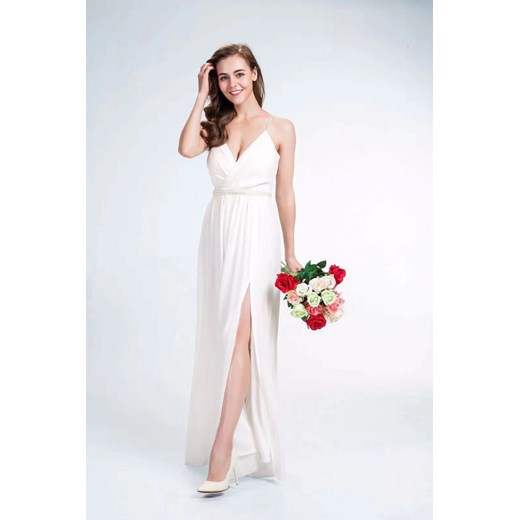 Sukienka biała maxi na ślub cywilny z tkaniny elegancka z dekoltem w serek 