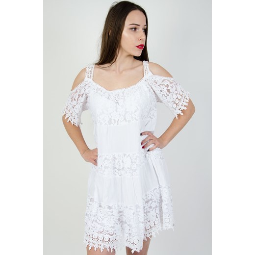 Sukienka Olika mini biała na urodziny z krótkim rękawem z odkrytymi ramionami 