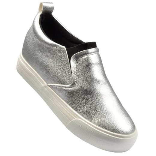 Buty sportowe damskie Pantofelek24 młodzieżowe srebrne bez zapięcia bez wzorów casualowe na koturnie 