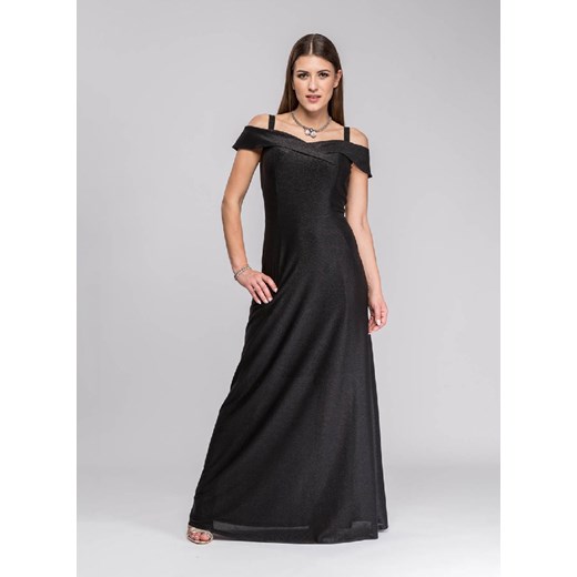 Sukienka czarna Semper z krótkim rękawem z odkrytymi ramionami elegancka z dekoltem w literę v na wesele 