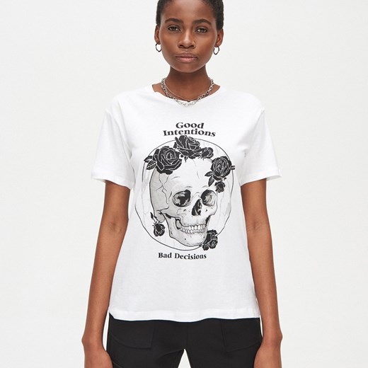 Cropp - Koszulka oversize z printem - Biały Cropp  XS 