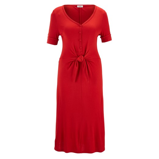 Sukienka Heine w serek czerwona na randkę bez wzorów casual z krótkim rękawem 
