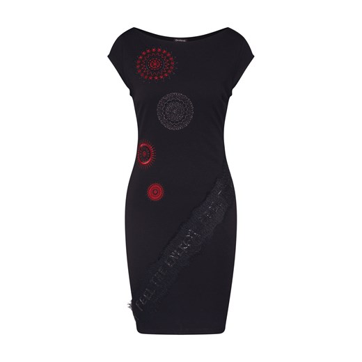 Sukienka Desigual dopasowana z krótkim rękawem mini z frędzlami czarna z okrągłym dekoltem 