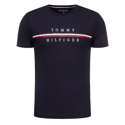 T-shirt męski Tommy Hilfiger z napisami granatowy w stylu młodzieżowym 