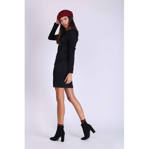 Czarna Ołówkowa Sukienka z Drapowanym Rękawem  Nommo XL MOLLY.PL