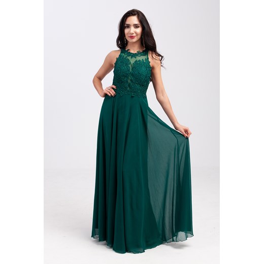 Sukienka bez rękawów z koronką zielona elegancka 