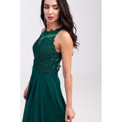 Sukienka bez rękawów elegancka zielona maxi z koronką na studniówkę rozkloszowana 