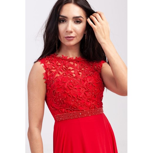 Sukienka z wyszywanymi koralikami na gorsecie Czerwona   S Butik Ecru