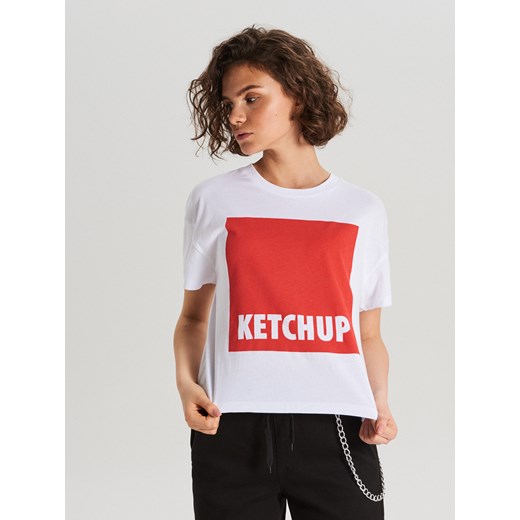 Cropp - Koszulka z napisem Food - Biały