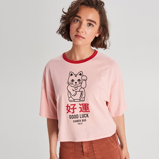 Bluzka damska Cropp różowa z krótkimi rękawami młodzieżowa 