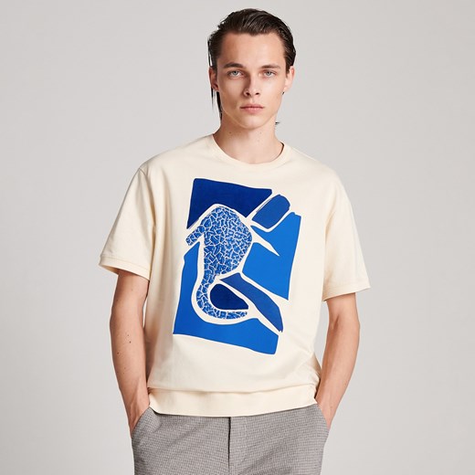 Reserved - T-shirt ze strukturalnym nadrukiem - Kremowy  Reserved XL 