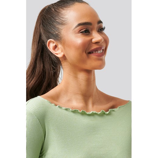 NA-KD Trend Flared Sleeve Boat Neck Rib Top - Green NA-KD Trend  XL NA-KD