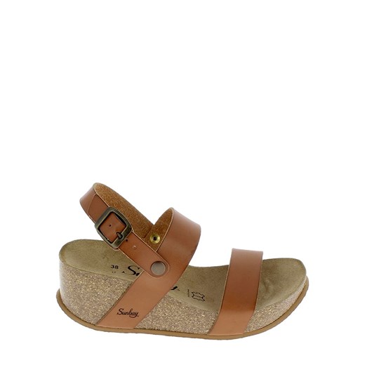 Sunbay Skórzane sandały w kolorze karmelowym na koturnie